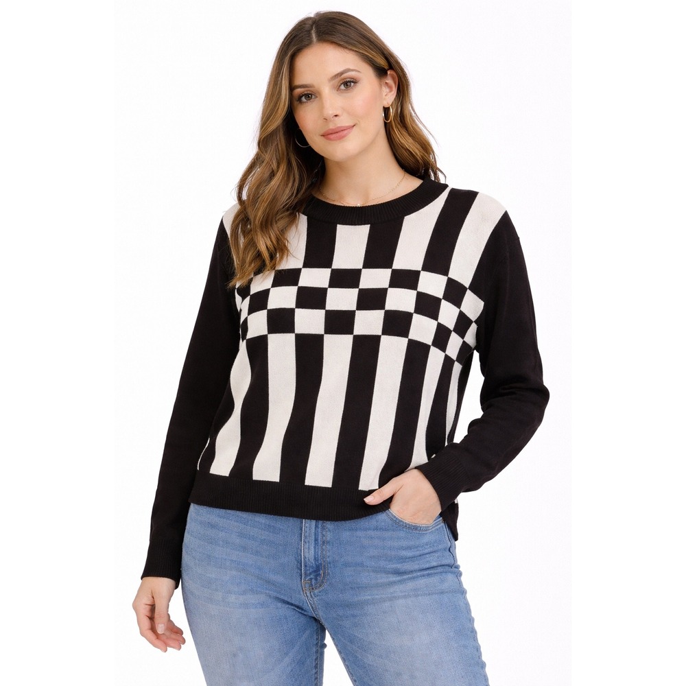 Body‎ Glove Sweater Women M Black White Checkerboard Stripe Knit Pullover Skater